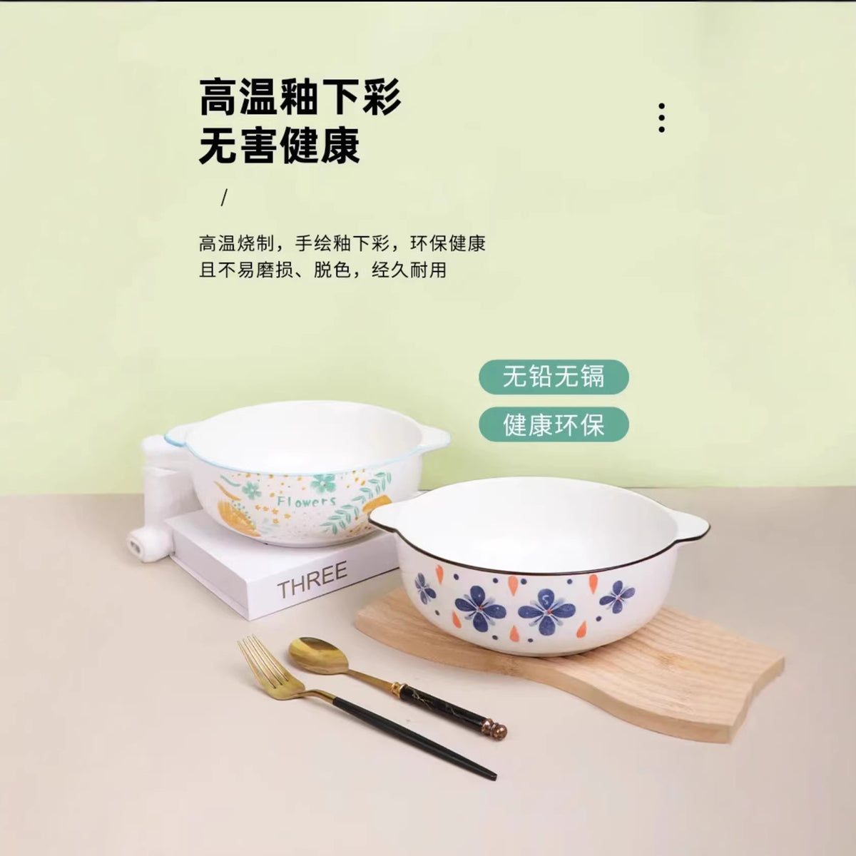 2-Pack 10.5inch Large Soup Bowls with Double Handles, Summer Style/Small Blue Flower Ceramic Large Soup Bowl Salad Bowl, Heat-Resistant - image 3