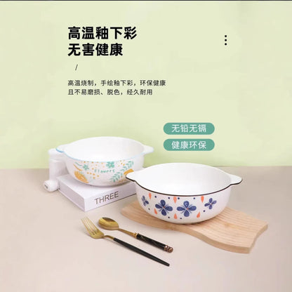 2-Pack 10.5inch Large Soup Bowls with Double Handles, Summer Style/Small Blue Flower Ceramic Large Soup Bowl Salad Bowl, Heat-Resistant - image 3