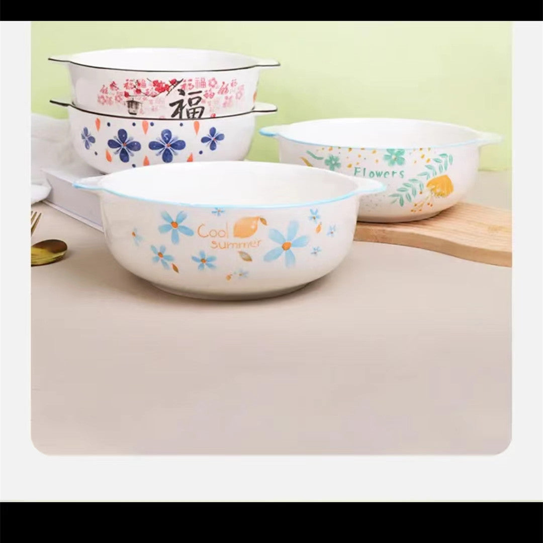 2-Pack 10.5inch Large Soup Bowls with Double Handles, Summer Style/Small Blue Flower Ceramic Large Soup Bowl Salad Bowl, Heat-Resistant - image 4