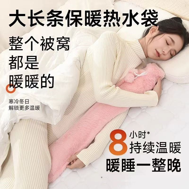 Long Hot Water Bottle with Rabbit Fur Cover, Water-Filled Hot Water Bottle, Bed Warmer, Warm Fleece-Lined Long Hot Water Bottle Batch - image 1