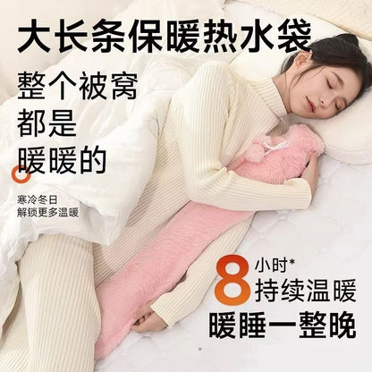 Long Hot Water Bottle with Rabbit Fur Cover, Water-Filled Hot Water Bottle, Bed Warmer, Warm Fleece-Lined Long Hot Water Bottle Batch - image 1