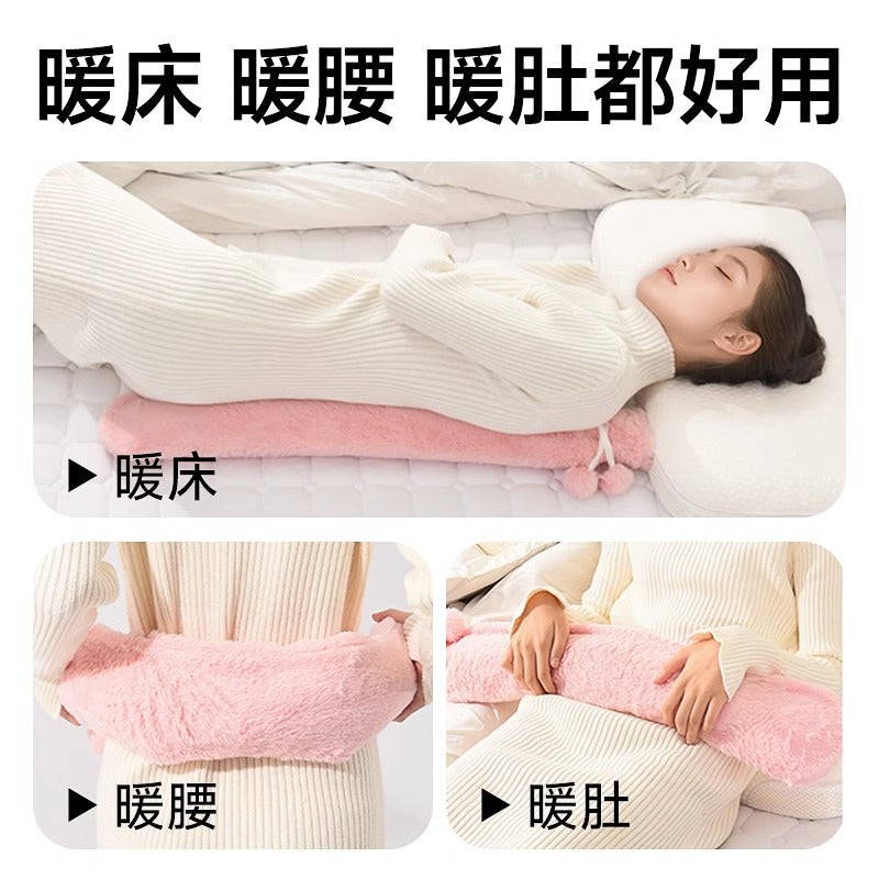 Long Hot Water Bottle with Rabbit Fur Cover, Water-Filled Hot Water Bottle, Bed Warmer, Warm Fleece-Lined Long Hot Water Bottle Batch - image 2