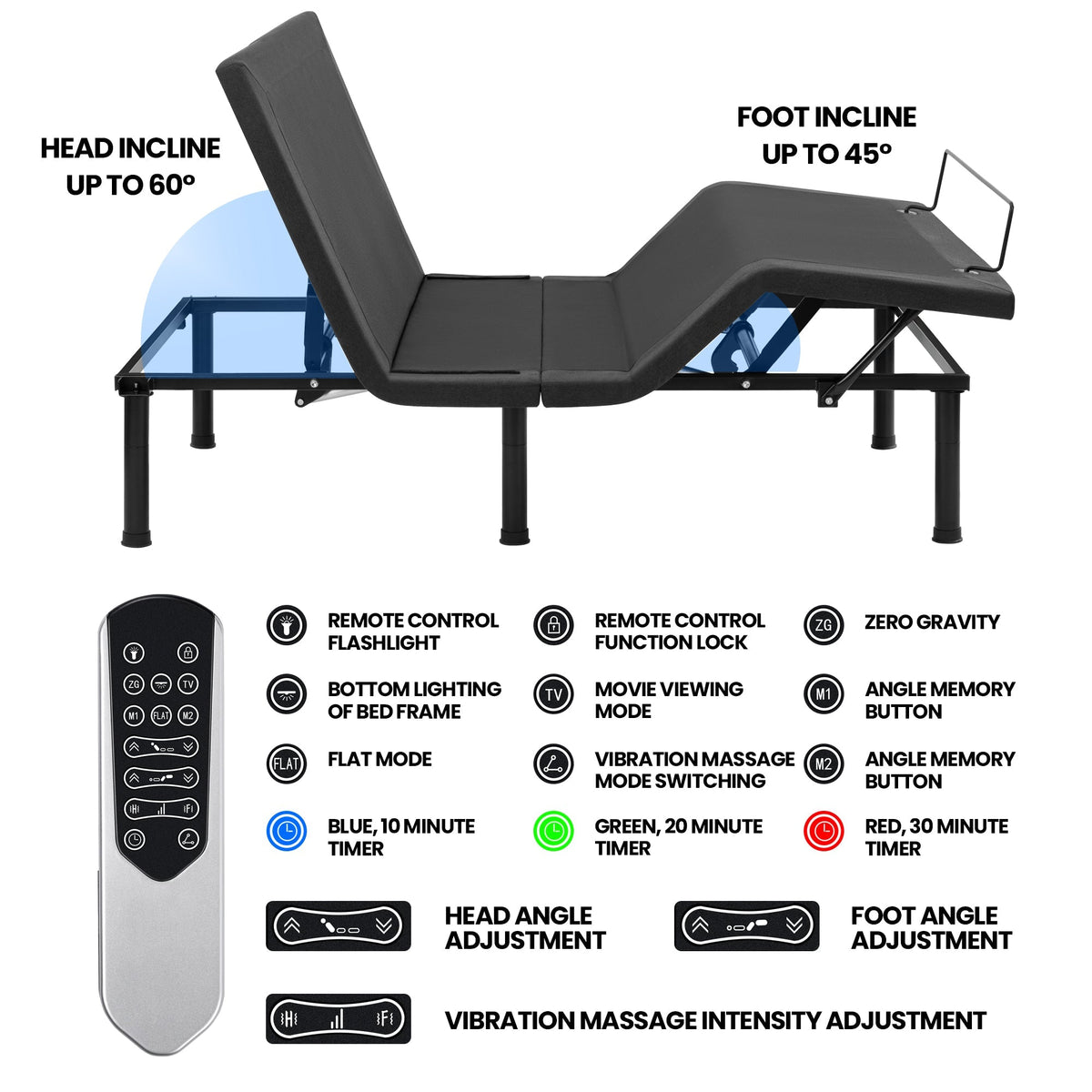Adjustable Bed Frame with Massage & Remote – USB, LED Light, Twin to King Sizes