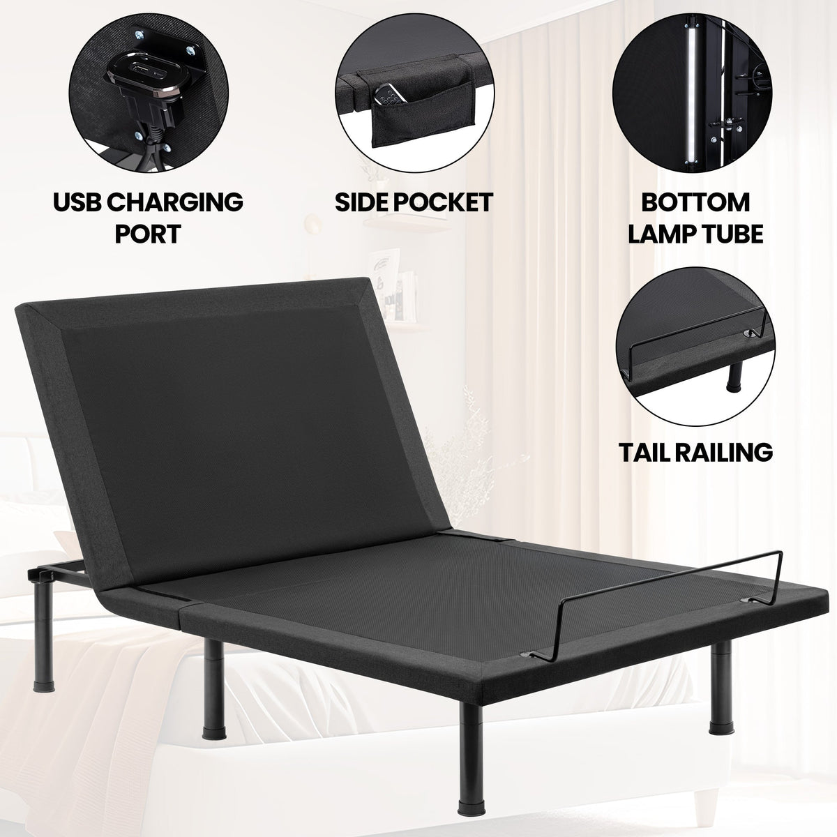 Adjustable Bed Frame with Massage & Remote – USB, LED Light, Twin to King Sizes