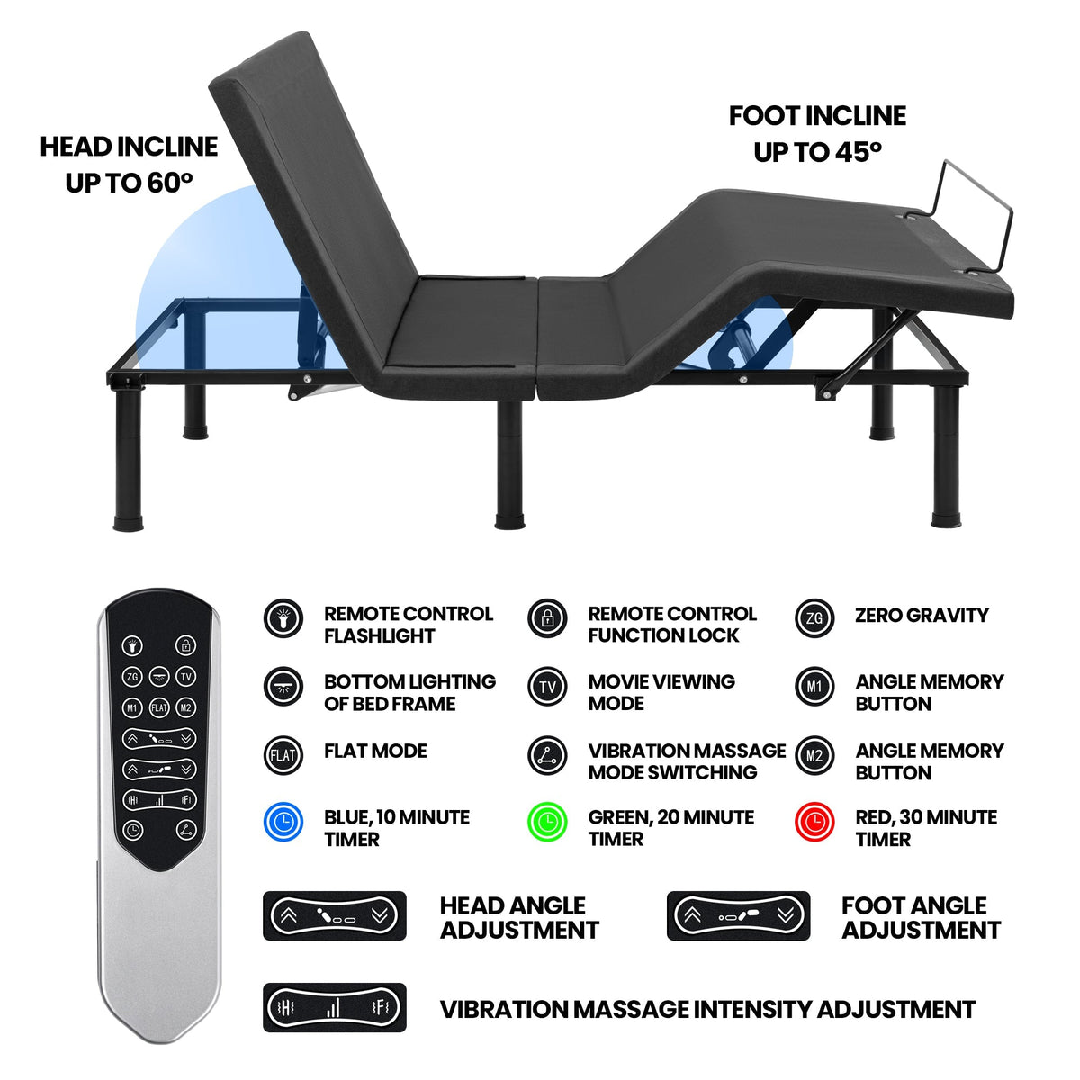 Adjustable Bed Frame with Massage & Remote – USB, LED Light, Twin to King Sizes