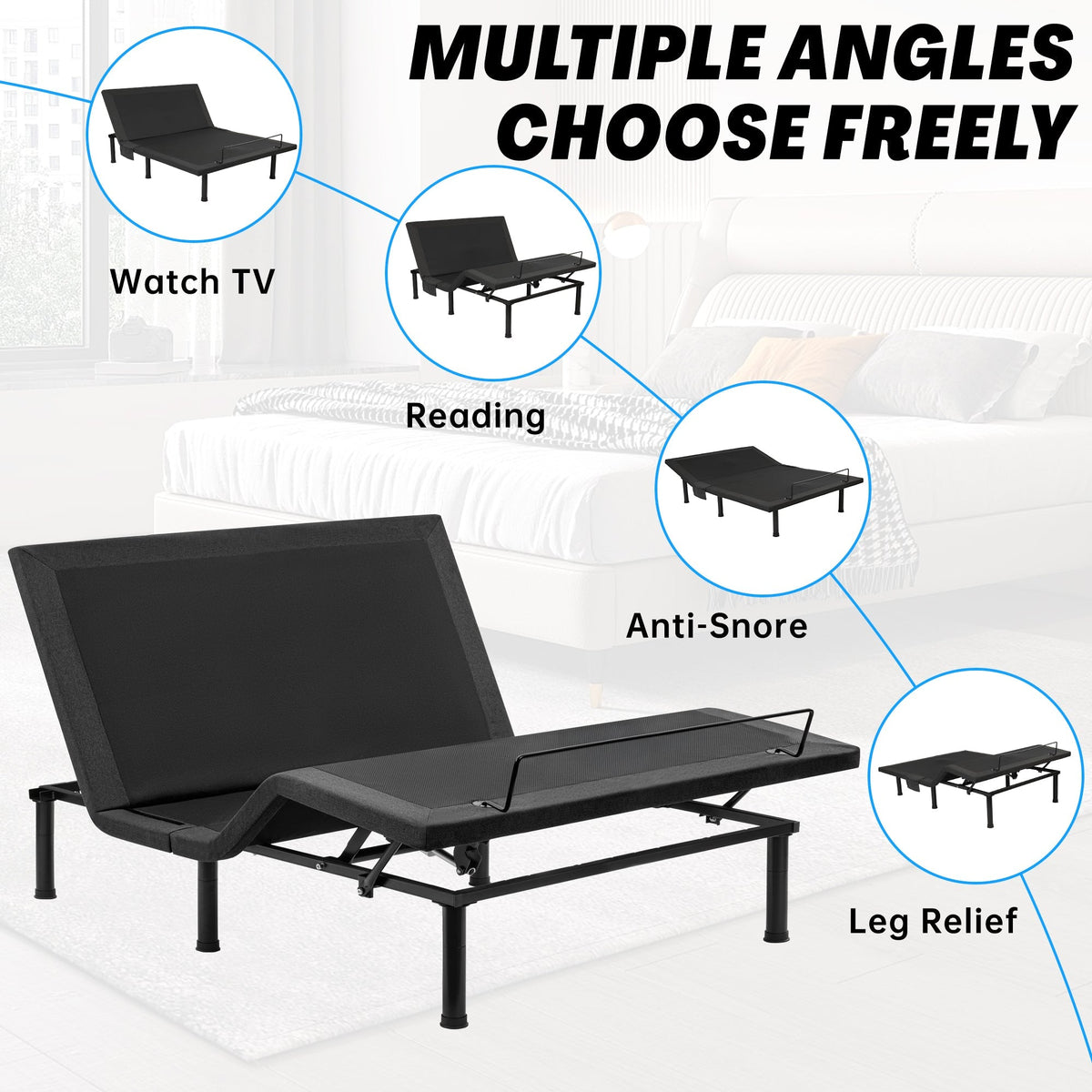 Adjustable Bed Frame with Massage & Remote – USB, LED Light, Twin to King Sizes