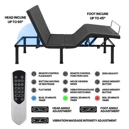 Adjustable Bed Frame with Massage & Remote – USB, LED Light, Twin to King Sizes