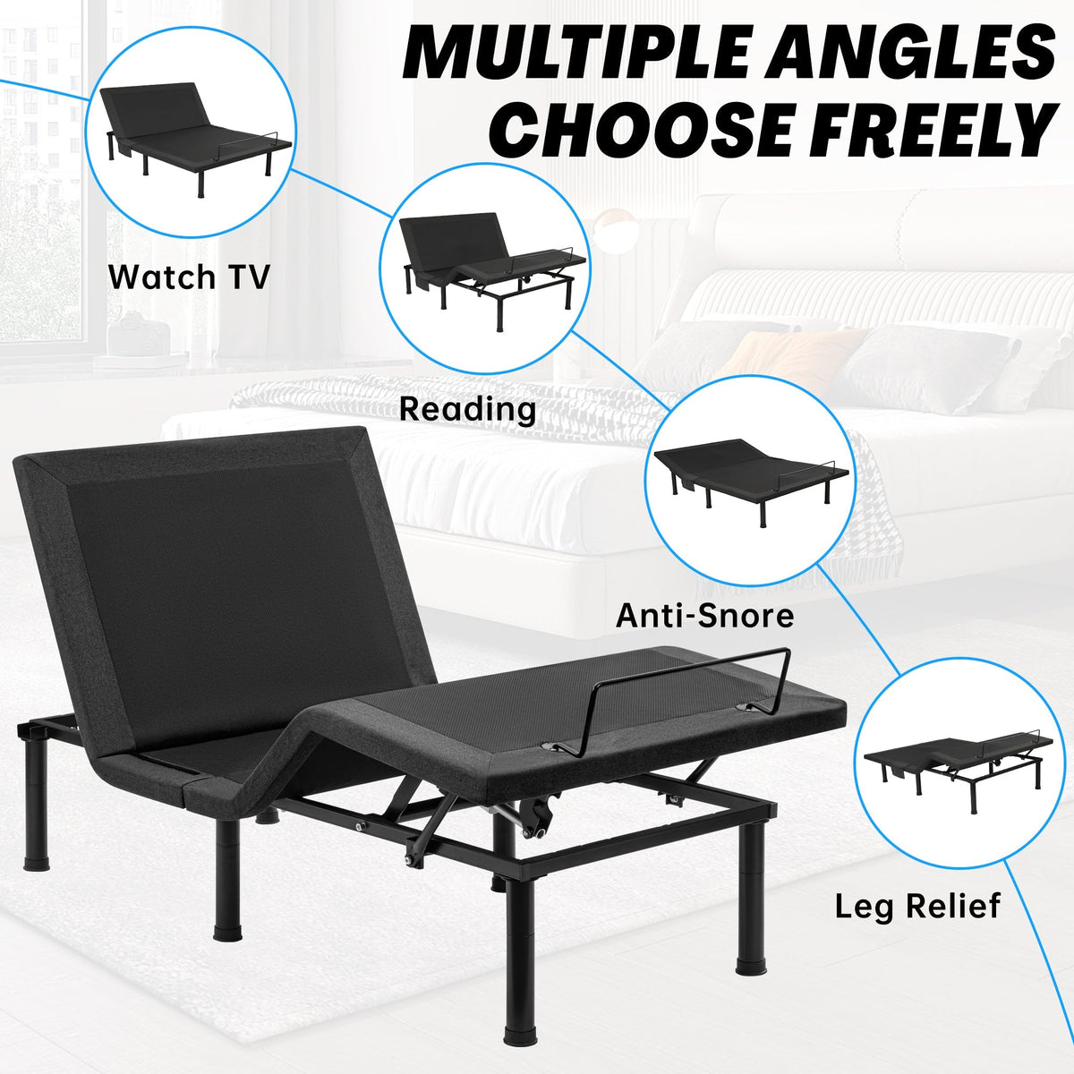 Adjustable Bed Frame with Massage & Remote – USB, LED Light, Twin to King Sizes
