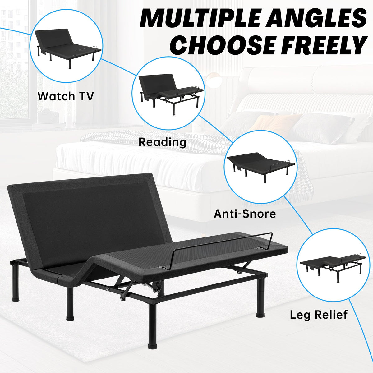 Adjustable Bed Frame with Massage & Remote – USB, LED Light, Twin to King Sizes