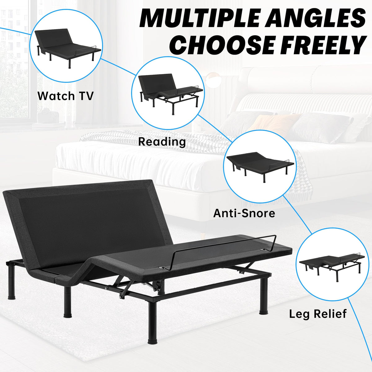 Adjustable Bed Frame with Massage & Remote – USB, LED Light, Twin to King Sizes