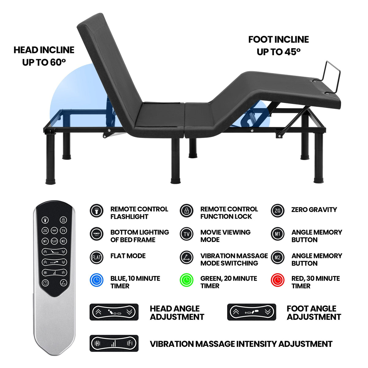 Adjustable Bed Frame with Massage & Remote – USB, LED Light, Twin to King Sizes