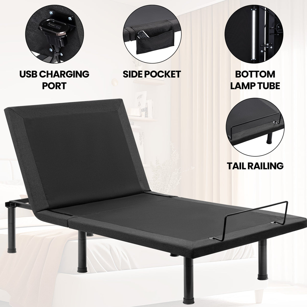 Adjustable Bed Frame with Massage & Remote – USB, LED Light, Twin to King Sizes