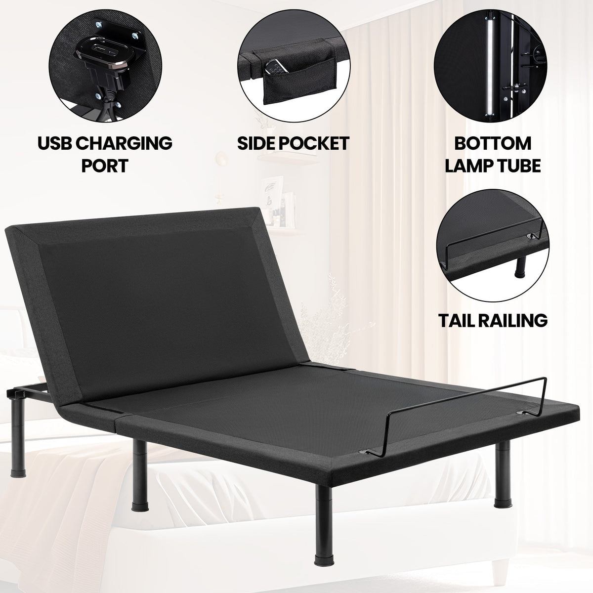 Adjustable Bed Frame with Massage & Remote – USB, LED Light, Twin to King Sizes