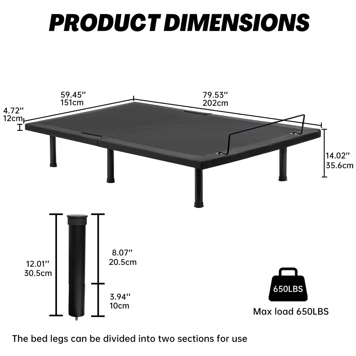 Adjustable Bed Frame with Massage & Remote – USB, LED Light, Twin to King Sizes