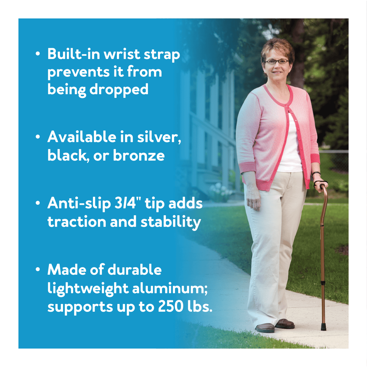 Carex Offset Aluminum Cane with Cushioned Grip and Wrist Strap