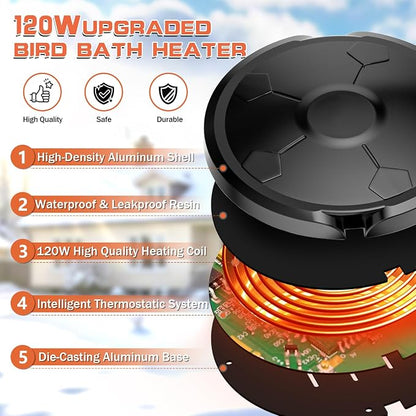 Daoeny 120W Bird Bath Heater – Thermostatic Outdoor Birdbath Deicer, Full-Covered Aluminum Water Heater for Winter