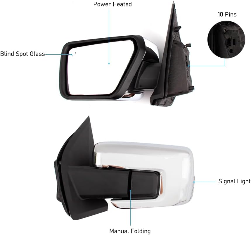 Side Door Mirror for Ford F-150 2021–2024 – Chrome Heated Mirror with Turn Signal & Blind Spot Glass