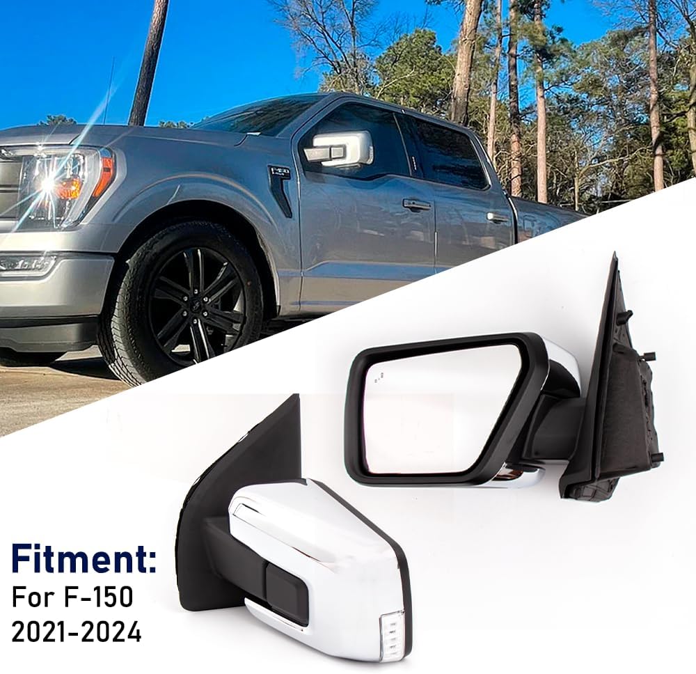 Side Door Mirror for Ford F-150 2021–2024 – Chrome Heated Mirror with Turn Signal & Blind Spot Glass