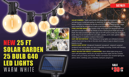New 25FT Solar G40 LED String Lights – 25 Warm White Bulbs for Outdoor Garden, Patio, Backyard 527021