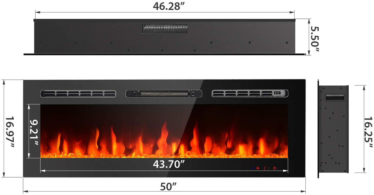50" Recessed Electric Fireplace – 1500W LED Wall-Mounted Heater with Remote & Custom Flame | SKU: IF1350TC
