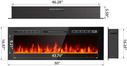 50" Recessed Electric Fireplace – 1500W LED Wall-Mounted Heater with Remote & Custom Flame | SKU: IF1350TC