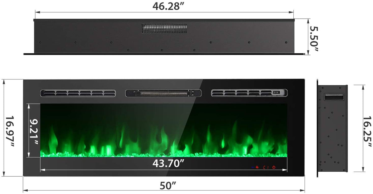 50" Recessed Electric Fireplace – 1500W LED Wall-Mounted Heater with Remote & Custom Flame | SKU: IF1350TC