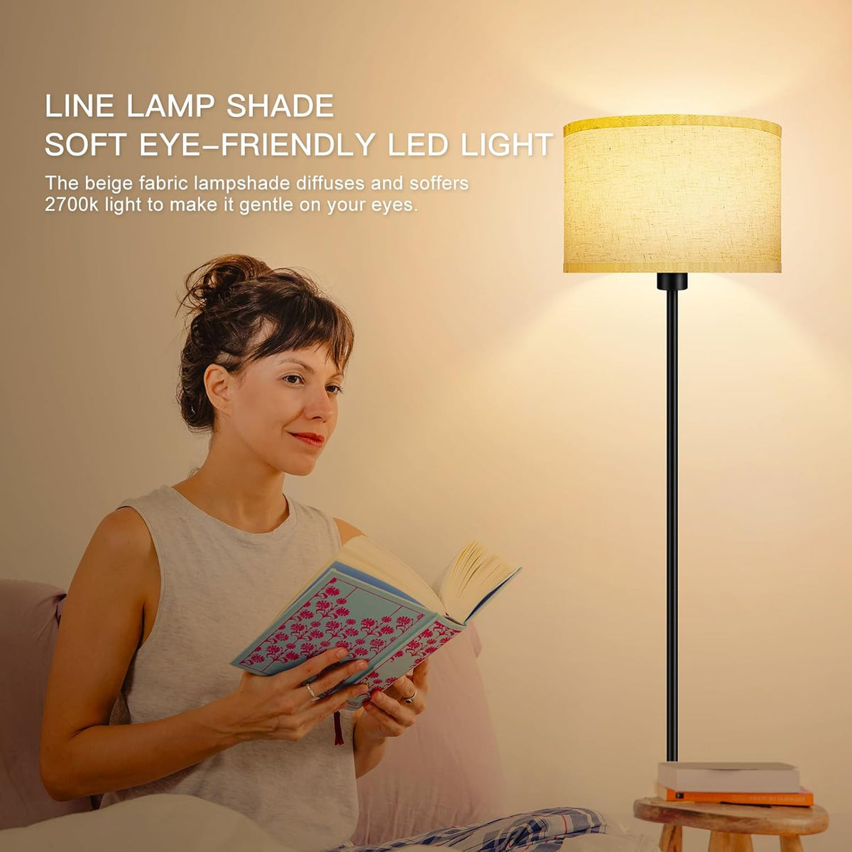60” LED Floor Lamp – Modern Standing Lamp with Beige Shade for Living Room & Bedroom (12W, 2700K Warm White) 3388411