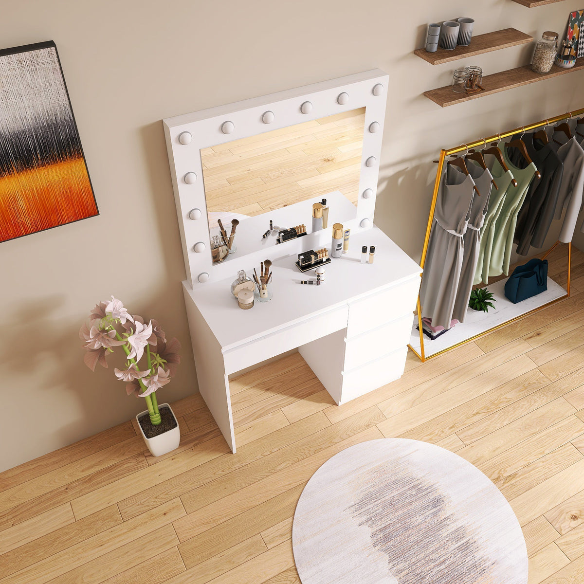 Hollywood LED Light Mirror & Dressing Table Set – White & Black Vanity for Bedroom or Studio