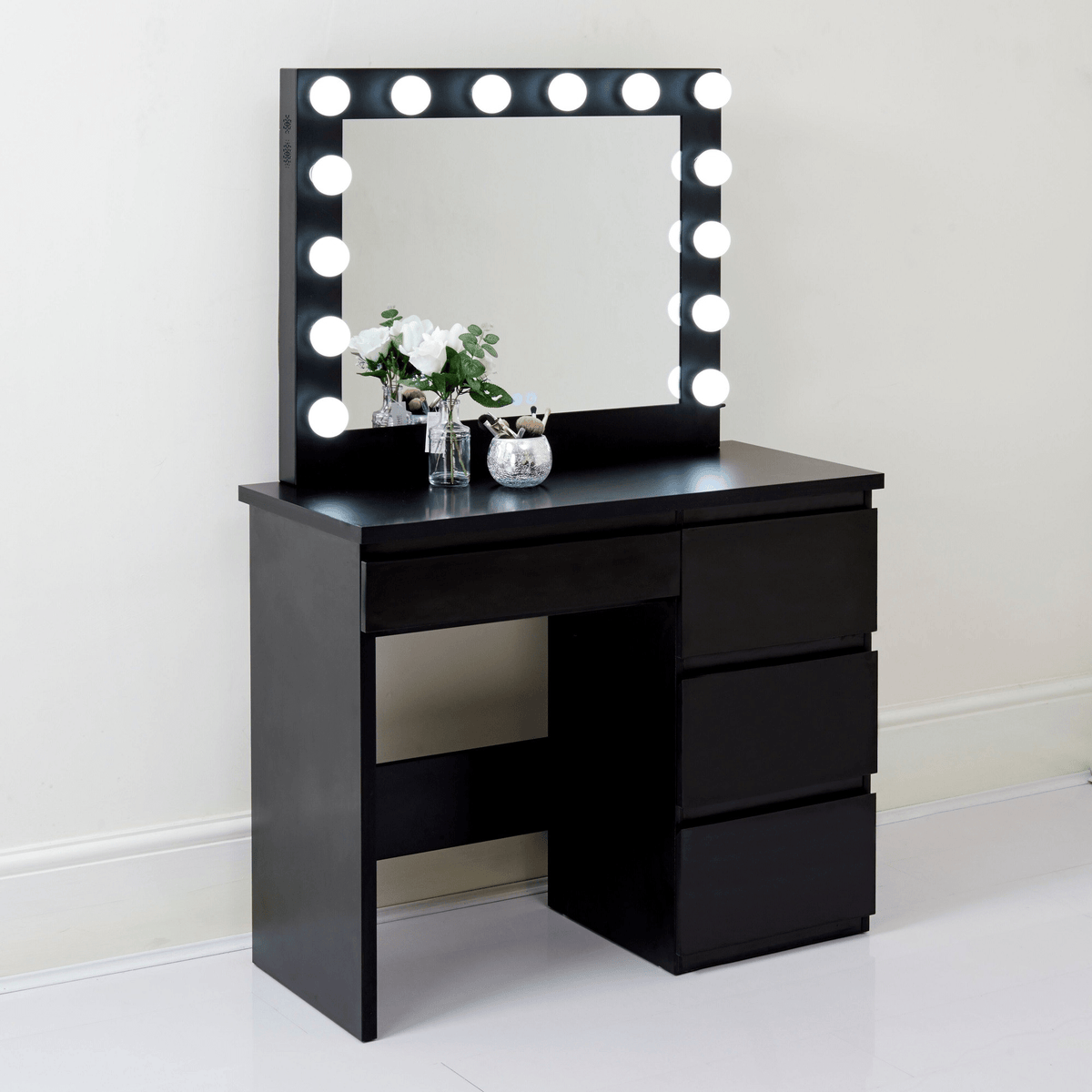 Hollywood LED Light Mirror & Dressing Table Set – White & Black Vanity for Bedroom or Studio