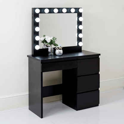 Hollywood LED Light Mirror & Dressing Table Set – White & Black Vanity for Bedroom or Studio