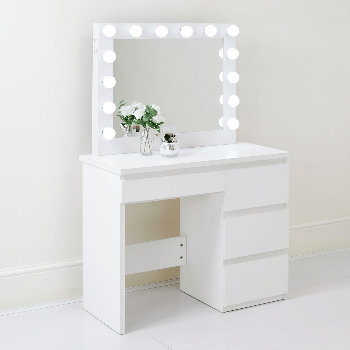 Hollywood LED Light Mirror & Dressing Table Set – White & Black Vanity for Bedroom or Studio