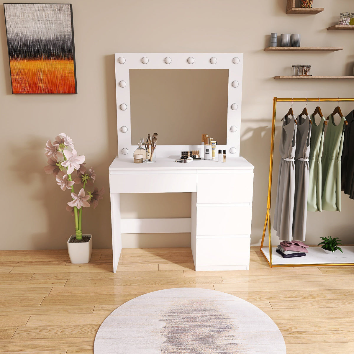 Hollywood LED Light Mirror & Dressing Table Set – White & Black Vanity for Bedroom or Studio