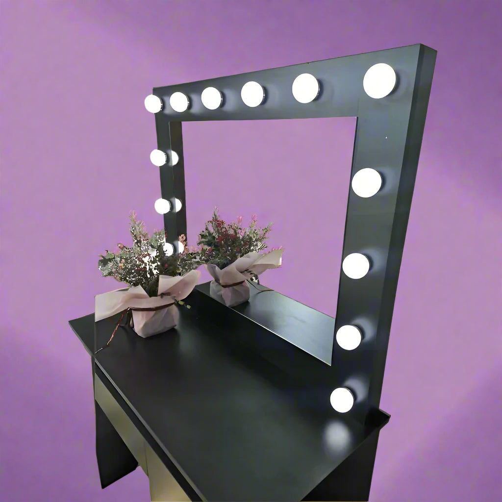 Hollywood LED Light Mirror & Dressing Table Set – White & Black Vanity for Bedroom or Studio