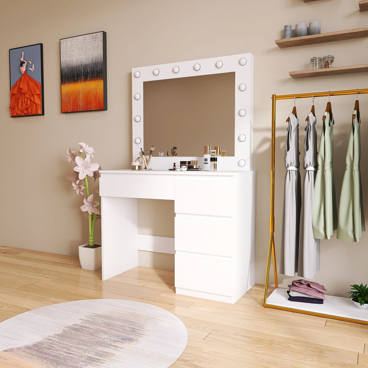 Hollywood LED Light Mirror & Dressing Table Set – White & Black Vanity for Bedroom or Studio