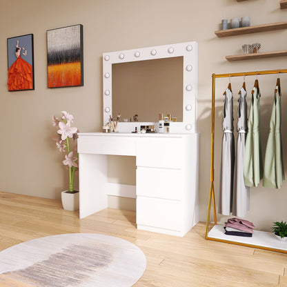 Hollywood LED Light Mirror & Dressing Table Set – White & Black Vanity for Bedroom or Studio