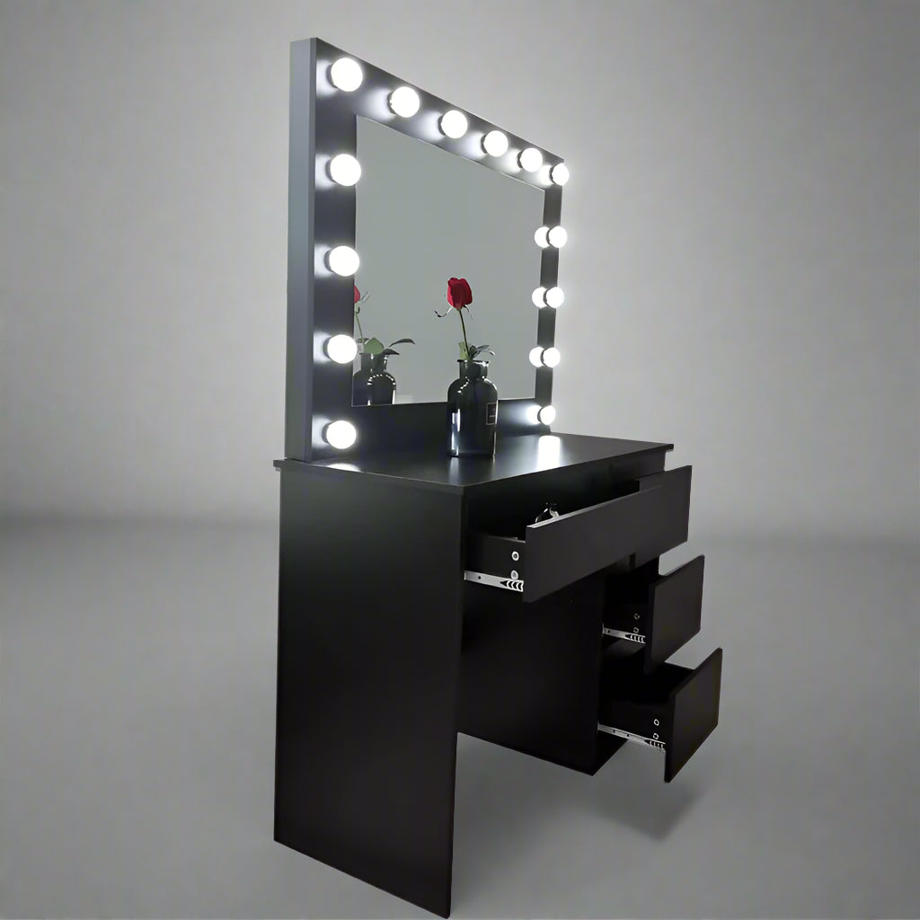 Hollywood LED Light Mirror & Dressing Table Set – White & Black Vanity for Bedroom or Studio