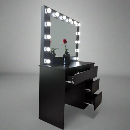 Hollywood LED Light Mirror & Dressing Table Set – White & Black Vanity for Bedroom or Studio