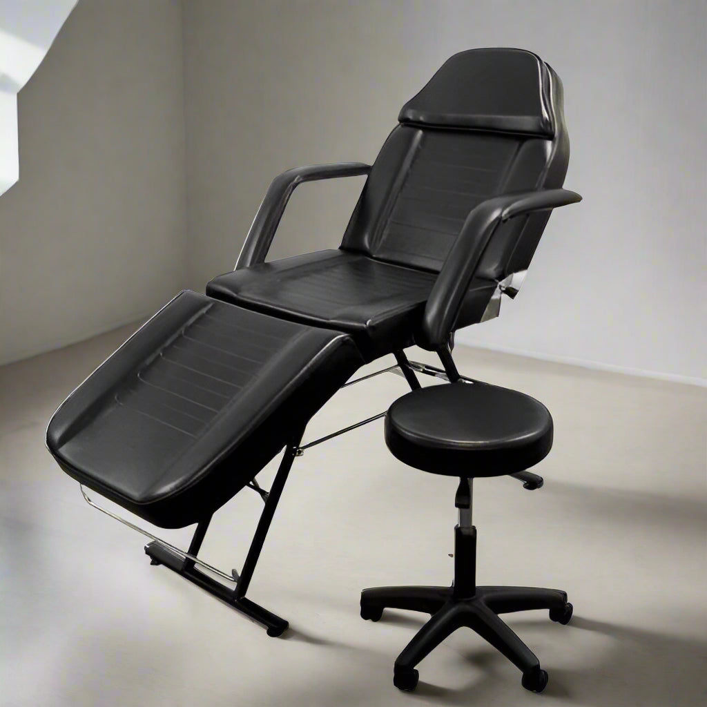 Salon Tattoo Massage Bed with Adjustable Barber Chair & Stool | Black PVC Leather – FMB2201