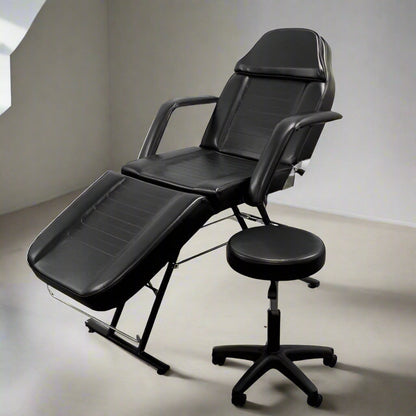 Salon Tattoo Massage Bed with Adjustable Barber Chair & Stool | Black PVC Leather – FMB2201