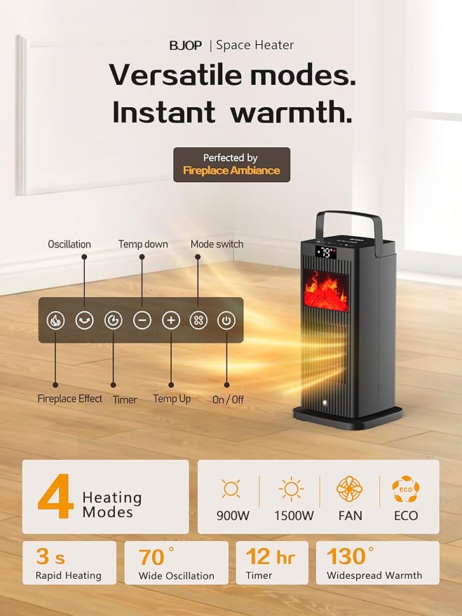 Portable Space Heater with Flame Effect Oscillating PTC Ceramic Heater