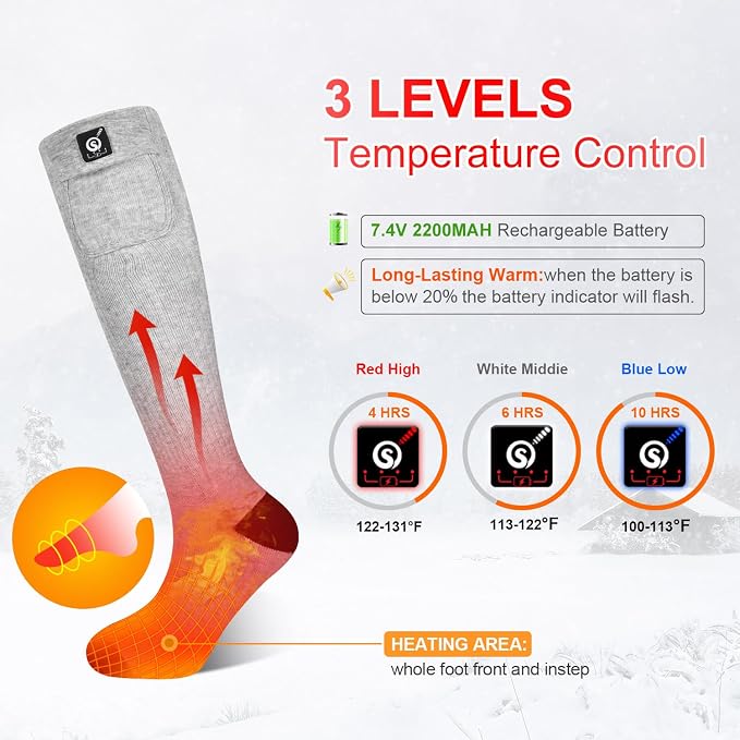 Sun Will Electric Heated Socks – Rechargeable 7.4V Battery Foot Warmers with 3 Heat Settings