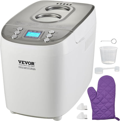 VEVOR Bread Maker, 15-in-1 3LB Dough Machine, Nonstick Ceramic Pan Automatic Breadmaker with Gluten Free Setting, Whole Wheat Bread Making, Digital, Programmable, 3 Loaf Sizes, 3 Crust Colors, White