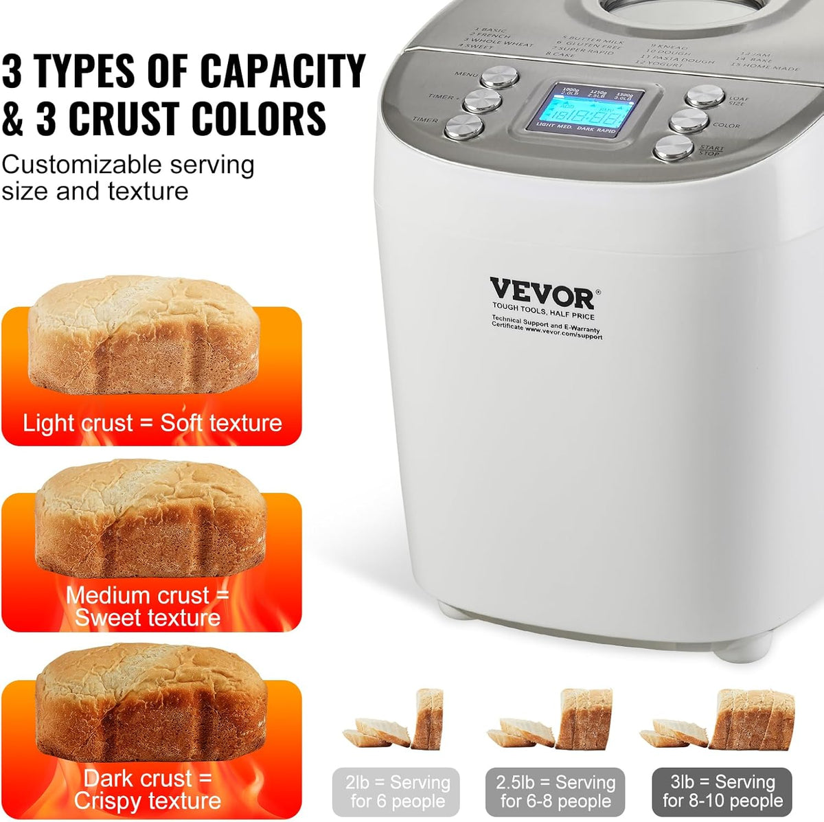 VEVOR Bread Maker, 15-in-1 3LB Dough Machine, Nonstick Ceramic Pan Automatic Breadmaker with Gluten Free Setting, Whole Wheat Bread Making, Digital, Programmable, 3 Loaf Sizes, 3 Crust Colors, White
