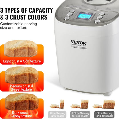 VEVOR Bread Maker, 15-in-1 3LB Dough Machine, Nonstick Ceramic Pan Automatic Breadmaker with Gluten Free Setting, Whole Wheat Bread Making, Digital, Programmable, 3 Loaf Sizes, 3 Crust Colors, White